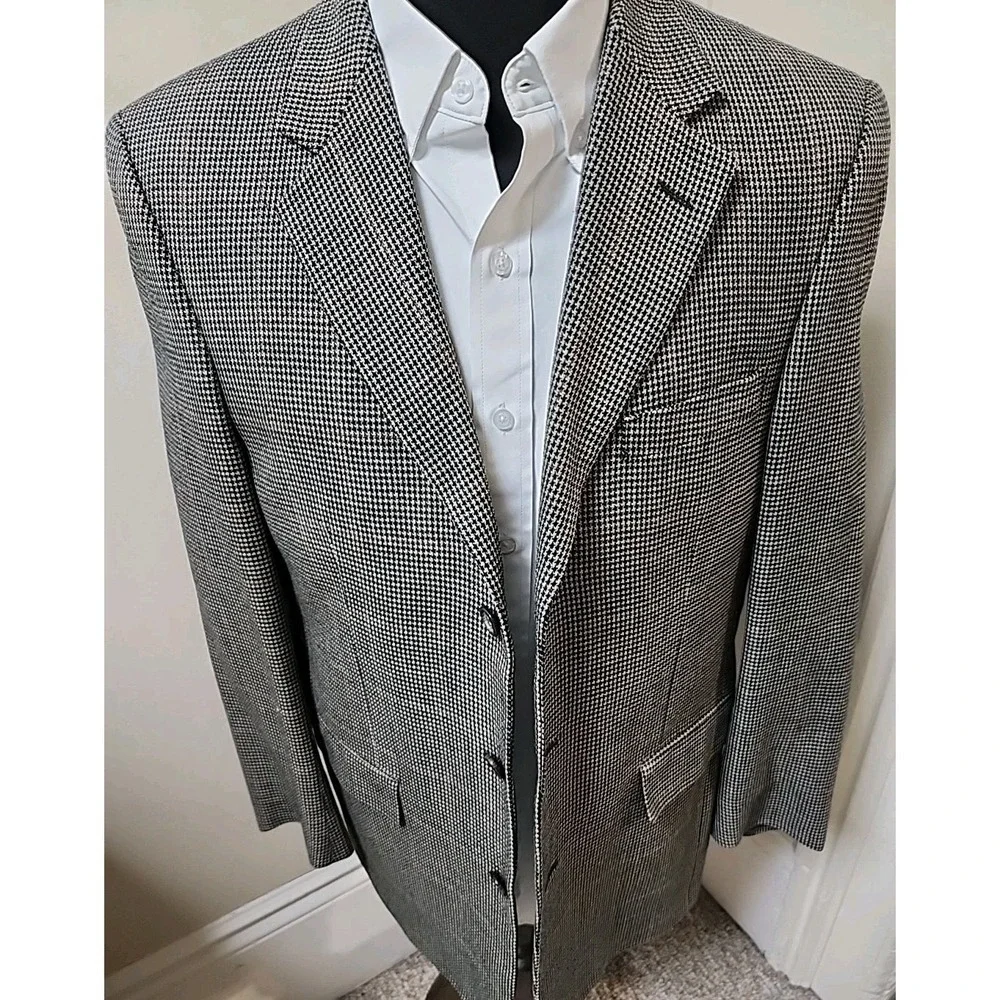 Jos A Bank 40R Silk + Wool Blend Blazer Sport Coat Suit Jacket Black Houndstooth